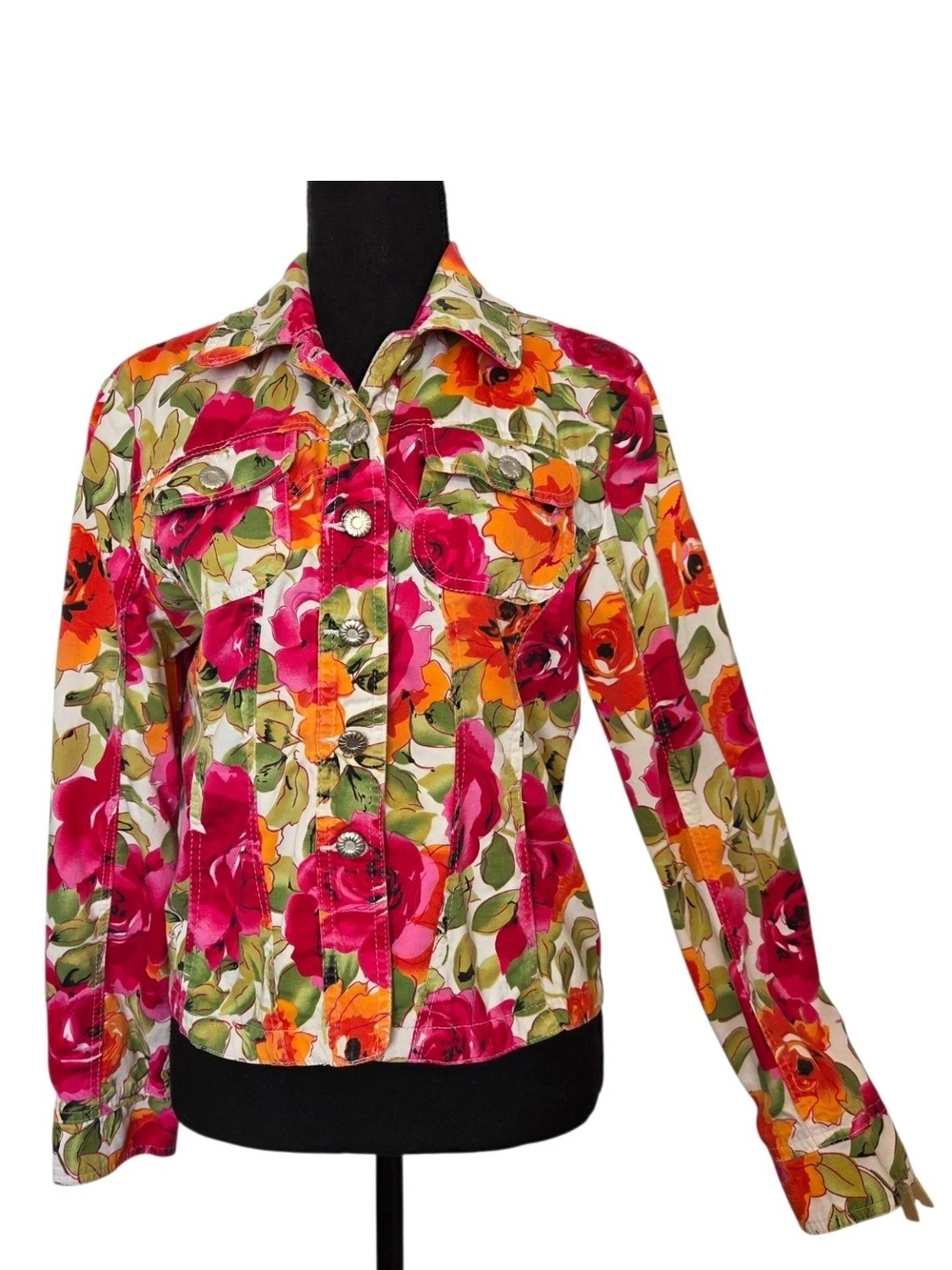 Live a Little Floral Button-Up Jean Jacket in Pink, Orange, Green Size Small
